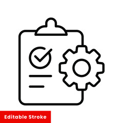 Clipboard and gear icon. Project management concept line style. Technical support check list with cog. Software development concept. Vector illustration for web and app. Editable stroke EPS 10