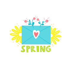 Cute envelope with flowers, heart and lettering. Spring themed hand drawn vector illustration.