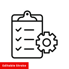 Clipboard and gear icon. Project management concept line style. Technical support check list with cog. Software development concept. Vector illustration for web and app. Editable stroke EPS 10