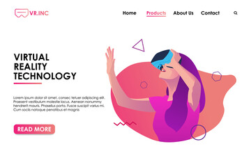 Fototapeta premium Virtual Reality technology vector. Women wearing Virtual Reality glasses while lifting right hand