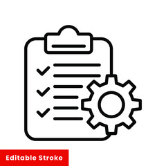 Clipboard and gear icon. Project management concept line style. Technical support check list with cog. Software development concept. Vector illustration for web and app. Editable stroke EPS 10