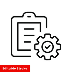 Clipboard and gear icon. Project management concept line style. Technical support check list with cog. Software development concept. Vector illustration for web and app. Editable stroke EPS 10