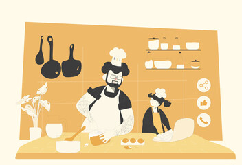 Vector Illustration of family food lifestyle.Father and daughter baking cake by using I.O.T.Happy time and herritage hobbies,modern lifestye focus on wellness.Modern family and food concept.  
