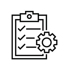 Obraz premium Clipboard and gear icon. Project management concept line style. Technical support check list with cog. Software development concept. Vector illustration for web and app. EPS 10