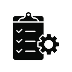 Clipboard and gear icon. Project management concept solid style. Technical support check list with cog. Software development concept. Vector illustration for web and app. EPS 10