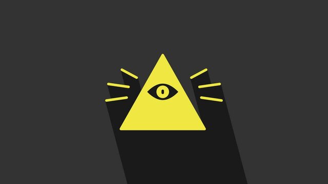 Yellow Masons symbol All-seeing eye of God icon isolated on grey background. The eye of Providence in the triangle. 4K Video motion graphic animation
