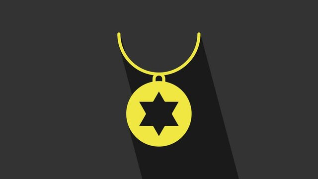 Yellow Star of David necklace on chain icon isolated on grey background. Jewish religion. Symbol of Israel. Jewellery and accessory. 4K Video motion graphic animation