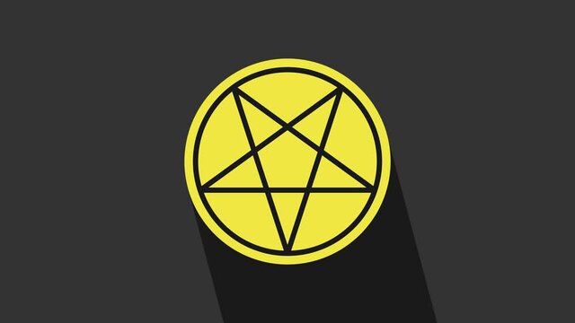 Yellow Pentagram in a circle icon isolated on grey background. Magic occult star symbol. 4K Video motion graphic animation