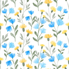 Fototapeta na wymiar watercolor wildflower floral seamless pattern in yellow and blue color