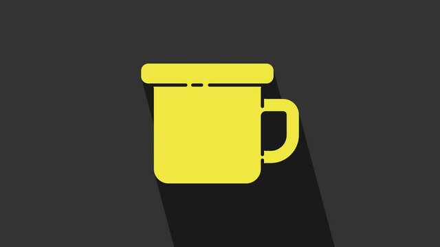 Yellow Camping metal mug icon isolated on grey background. 4K Video motion graphic animation