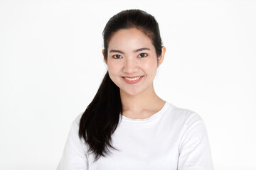 Portrait of a young teen Asian woman with black long hair on white background