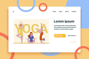 Female yogi group. Women in fitness apparel practicing yoga flat vector illustration. Meditation, activity, body training concept for banner, website design or landing web page