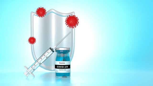 Illustration of a bottle with a vaccine against the Covid-19 coronavirus, a syringe and a shield. Medical concept of Sars-Cov-2 vaccination.