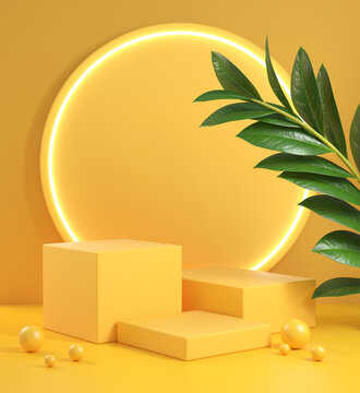 Mockup Yellow Step Podium Set With Electric Light Glow And Plant Abstract Background 3d Render