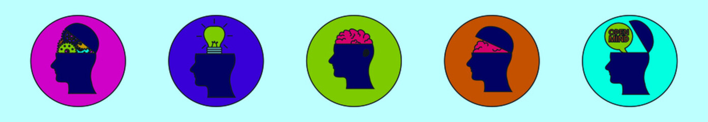 set of open mind cartoon icon design template with various models. vector illustration isolated on blue background