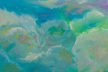 abstract creative background: light bright chaotic spots of oil paint on linen canvas before tone...