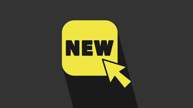 Yellow Button with an inscription New icon isolated on grey background. Badge for price. Promo tag discount. 4K Video motion graphic animation