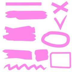 Abstract set on pink backdrop. Marker pen highlight. Isolated vector. Abstract pink strokes check marks. Stock image. EPS 10.