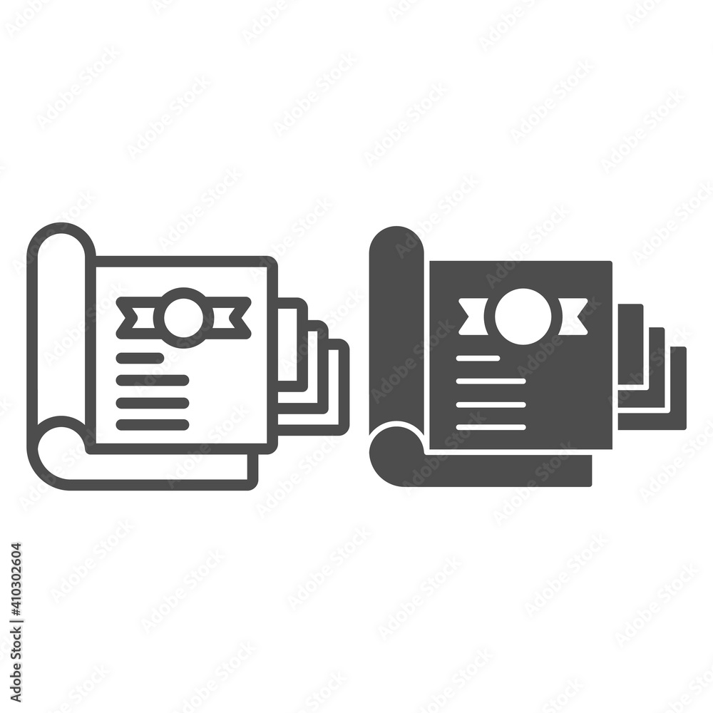 Aufkleber document for shareholder line and solid icon, startup concept, stock certificate sign on white backg