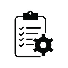 Clipboard and gear icon. Project management concept flat style. Technical support check list with cog. Software development concept. Vector illustration for web and app. EPS 10