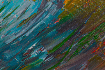Abstract creative background: dull, chaotic oil paint spots on linen canvas before tonal priming