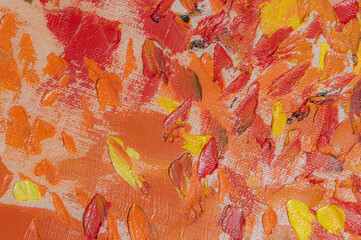 Abstract creative background: streaks and strokes of bright oil paint on linen canvas before tone priming