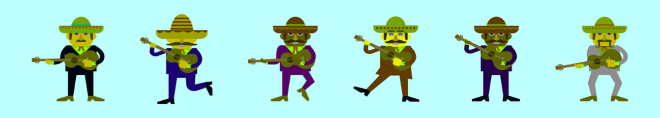 set of mexican mariachi cartoon icon design template with various models. vector illustration isolated on blue background