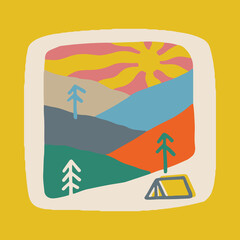 Camping nature adventure wild line badge patch pin graphic illustration vector art t-shirt design