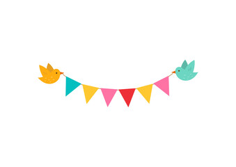 Obraz premium Birds holding colorful garland isolated on white background.