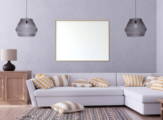 mock up poster frame in interior background. 3D Illustration