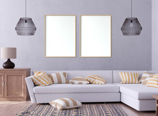 mock up poster frame in interior background. 3D Illustration
