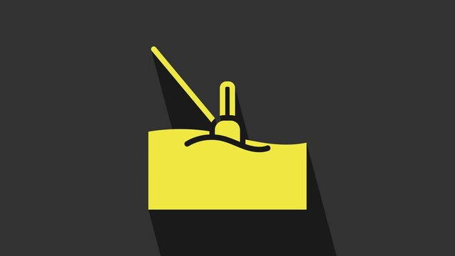 Yellow Fishing float in water icon isolated on grey background. Fishing tackle. 4K Video motion graphic animation