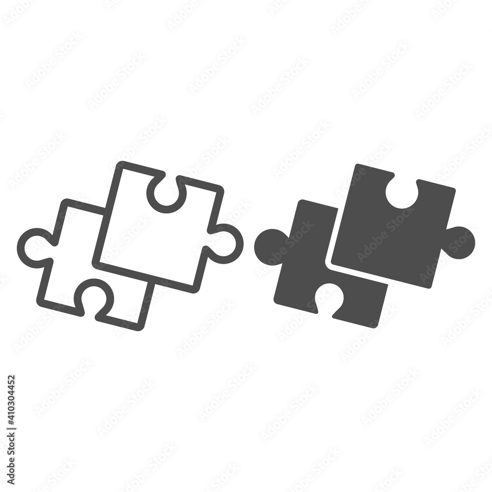 Aufkleber two pieces of puzzle line and solid icon, startup concept, puzzle game sign on white background, two