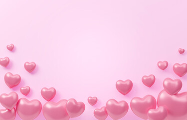 Valentines hearts with copy space on pink background. 3d illustration.