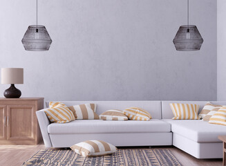 Wall mock up in living room. Scandinavian interior. 3d rendering, 3d illustration
