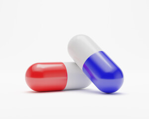 Two capsule pills isolated on white background. Blue-white and red-white capsule pills. 3d illustration.