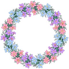 A wreath of wildflowers. Line art. Decorative isolated element for design.