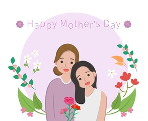 Mother's Day comic characters vector illustration, mother and daughter celebrating holiday, card surrounded by flowers