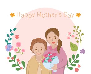Mother's Day comic characters vector illustration, mother and daughter celebrating holiday, card surrounded by flowers