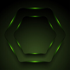 Dark hexagons with green neon light abstract background. Vector tech glowing corporate design