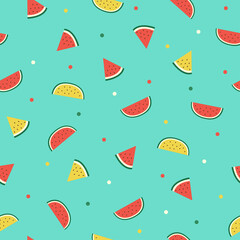 Watermelon slice seamless pattern on green background.