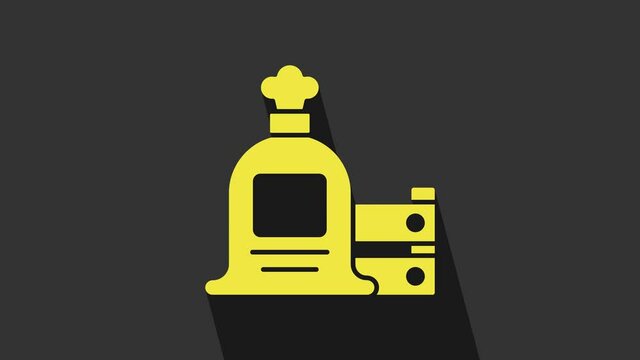 Yellow Full sack and wooden box icon isolated on grey background. 4K Video motion graphic animation