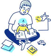 膝の上で抱っこしながら絵本を読む父と男の子