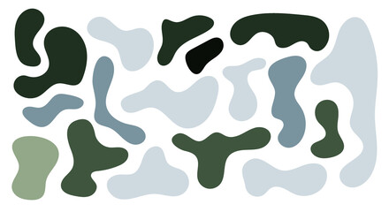 Fototapeta na wymiar Green and grey rregular blob, set of abstract organic shapes. Abstract irregular random blobs. Simple liquid amorphous splodge. Trendy minimal designs for presentations, banners, posters and flyers.