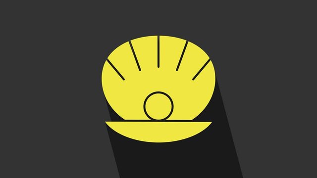 Yellow Natural open shell with pearl icon isolated on grey background. Scallop sea shell. Seashell sign. 4K Video motion graphic animation