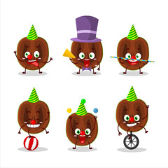 Cartoon character of slice of black sapote with various circus shows