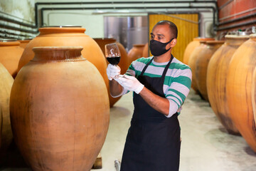 Positive male worker in apron and face mask examining wine in glass at winery