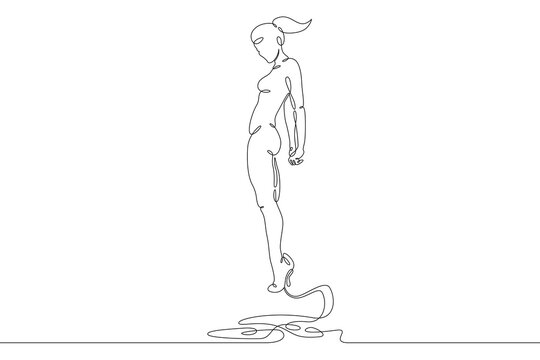 The female character levitates in the air. Beautiful pose of a slender sports girl. One continuous drawing line  logo single hand drawn art doodle isolated minimal illustration.