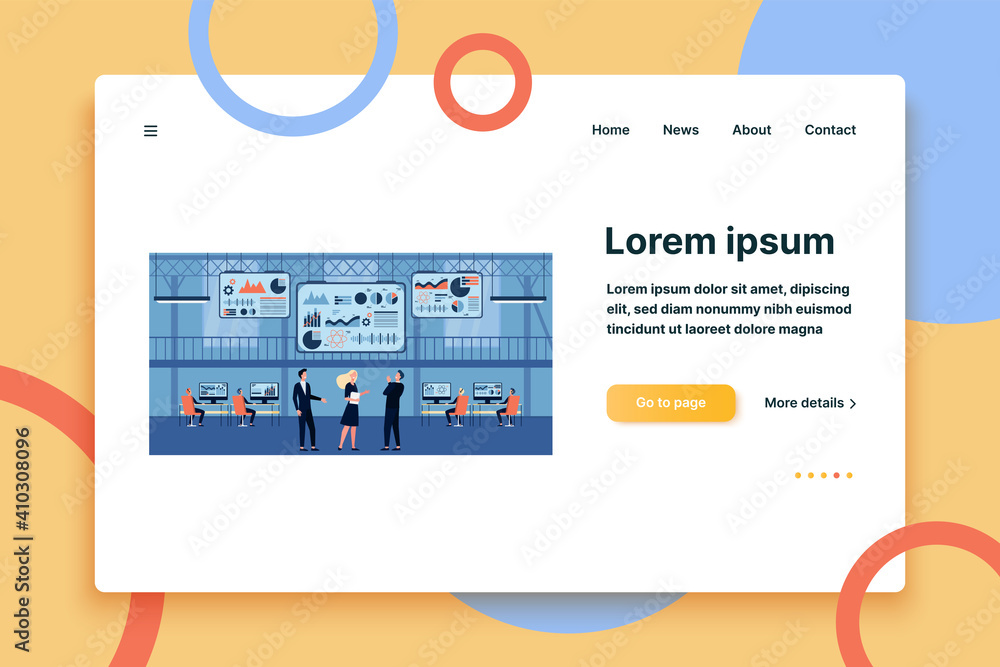 Poster business people working in control center with big screens flat vector illustration. cartoon enginee
