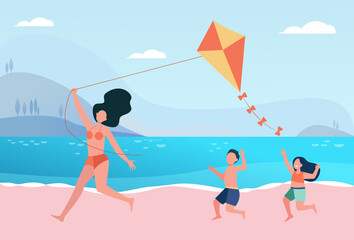 Fototapeta premium Happy mom with kids flying kite on beach. Family having fun at seaside. Flat vector illustration. Summer activity, leisure, vacation concept for banner, website design or landing web page